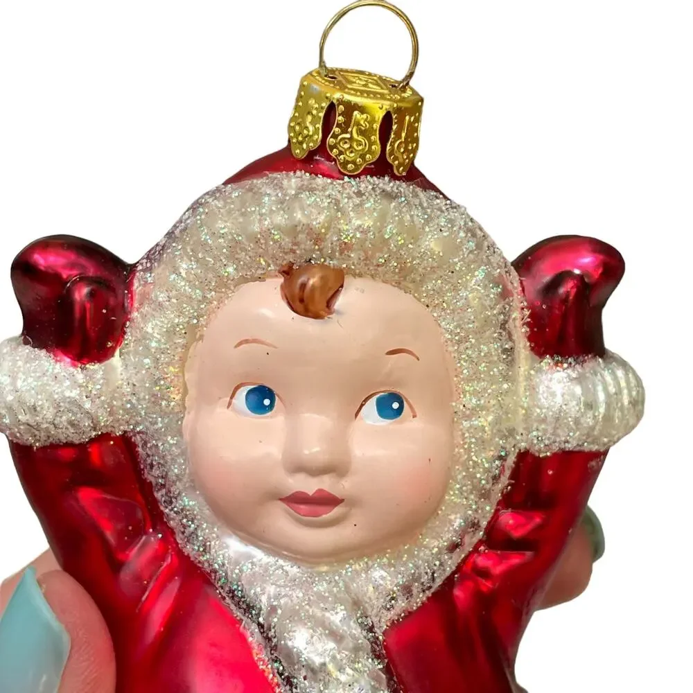 Jump For Joy Mercury Glass Christmas Ornament Child in Santa Suit Vtg Brass Key